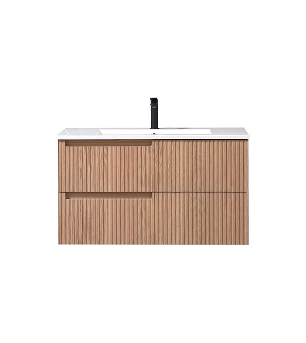 Fiore 36" Modern Fluted Floating Vanity KSW36-Oakwood 3 Fiore 36" Modern Wall Mount Bathroom Vanity Left Handle KSW36L-Oakwood