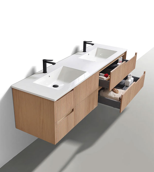 Fiore 72" Fluted Double Sink Vanity KSW72–Oakwood 8 Fiore 71.2” Modern Wall Mount Double Sink Bathroom Vanity KSW72