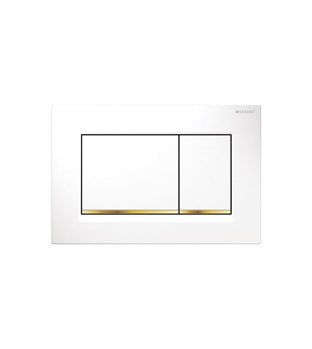 Geberit Sigma30 In-Wall Dual Flush Plates White with polished gold accent-min