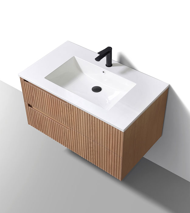 Fiore 36" Modern Fluted Floating Vanity KSW36-Oakwood 3 Fiore 36" Modern Wall Mount Bathroom Vanity Left Handle KSW36L-Oakwood