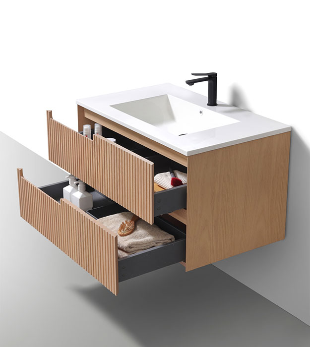 Fiore 36" Modern Fluted Floating Vanity KSW36-Oakwood 4 Fiore 36" Modern Wall Mount Bathroom Vanity Left Handle KSW36L-Oakwood