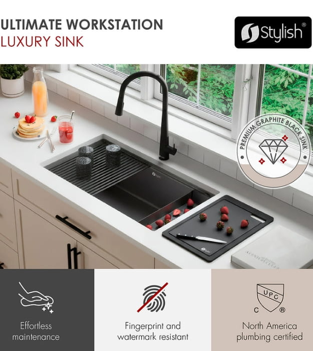 Stylish Onyxo33 S-733WNK 33" Graphite Workstation Sink 5 Stylish Onyxo33 S-733WNK 33" Graphite Workstation Sink - Image 2