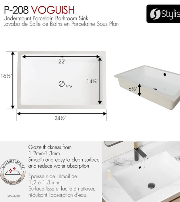 Stylish Voguish P-208 24'' Undermount Vanity Sink 7 Stylish Voguish P-208 24'' Undermount Vanity Sink - Image 6